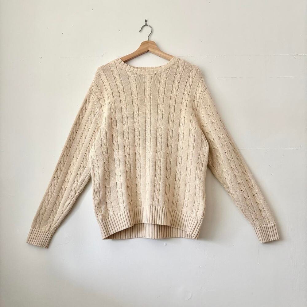 Vintage Lands End Chunky Cream Cable Knit Sweater Preppy Fisherman Cottage SZ M
